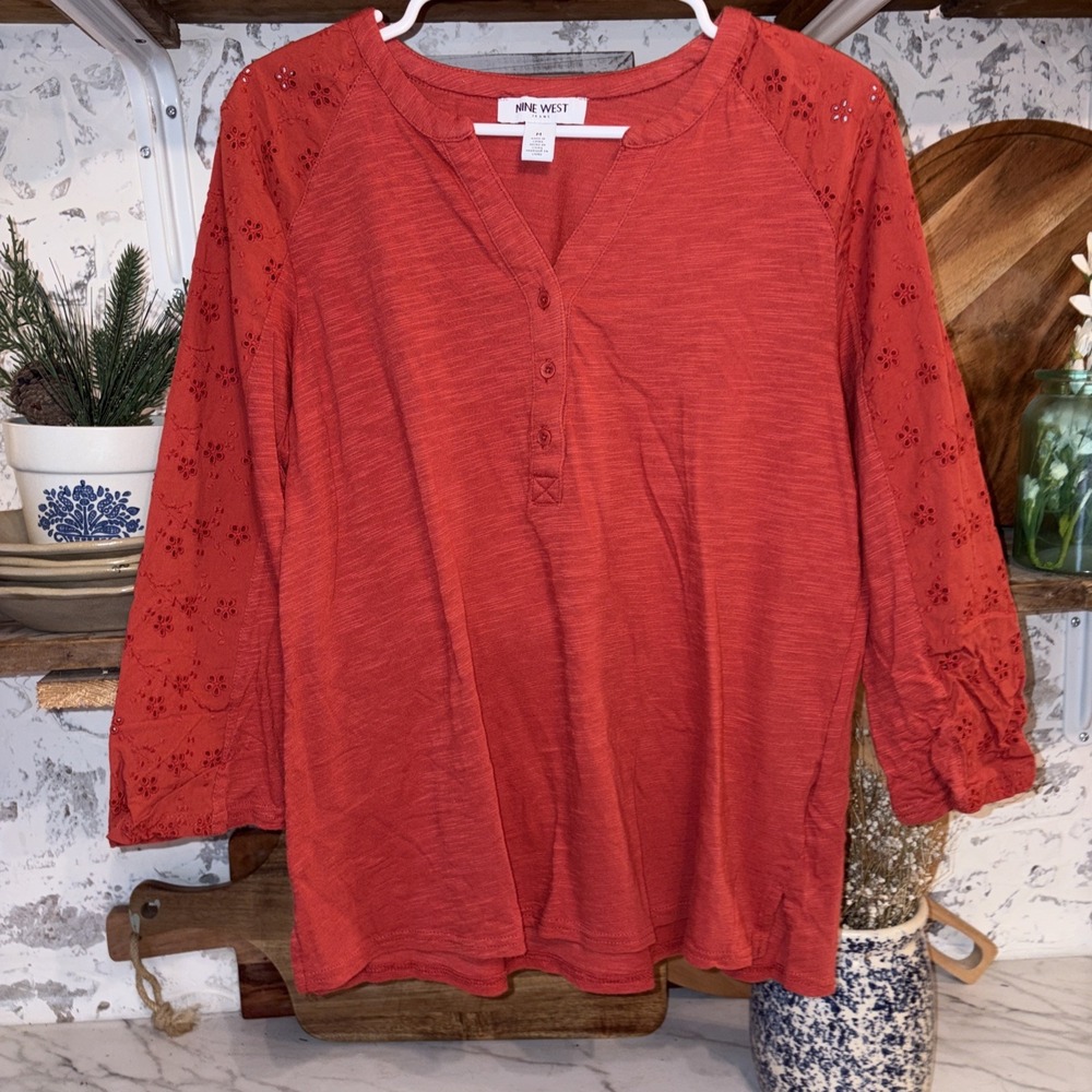 Women's M Romantic Eyelet Sleeve Henley Cottage Core Fall Shirt